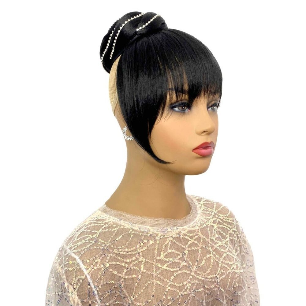 Hair Bun with Bangs 2 Piece Synthetic Braided Updo Clip-In for Black Women - Picture 6 of 9